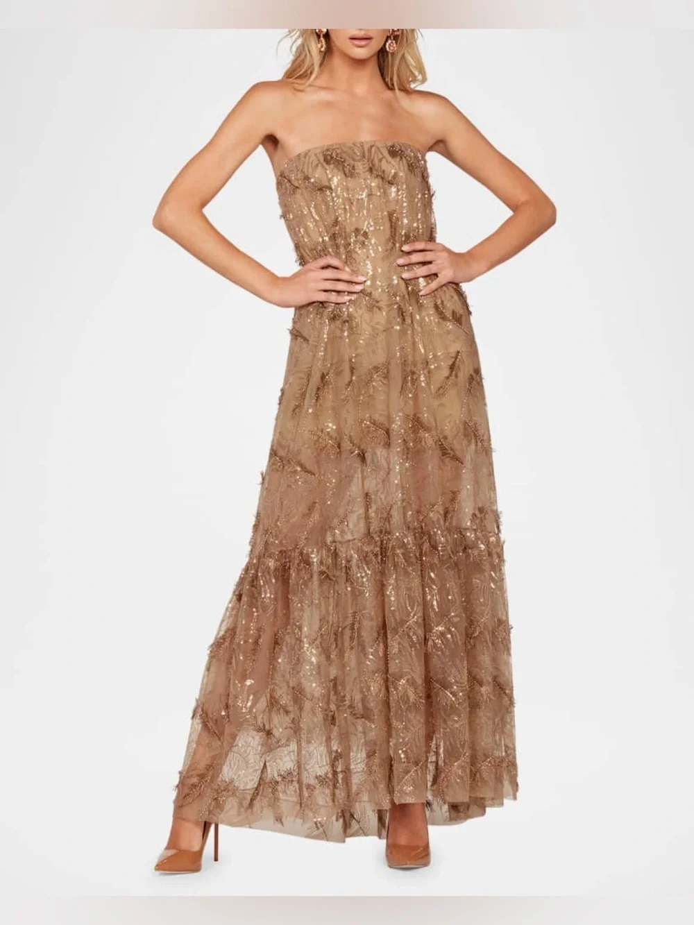 Helsi Cara Strapless Sequin Embroidered Gown in Tan Size XS NWT - Picture 2 of 8